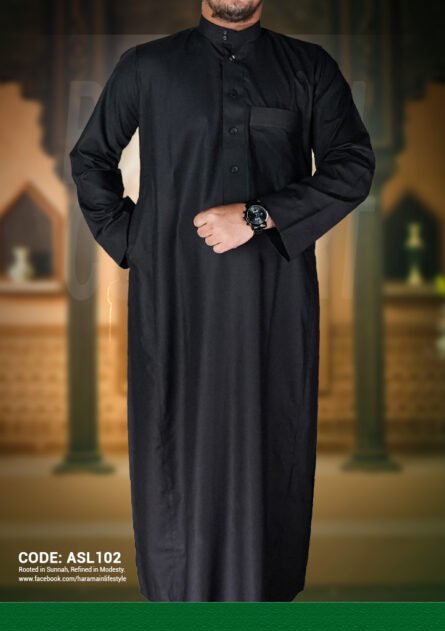 Al Aseel Black Jubbah – Premium Saudi Thobe for Elegant Modesty ASL 102 - Image 1